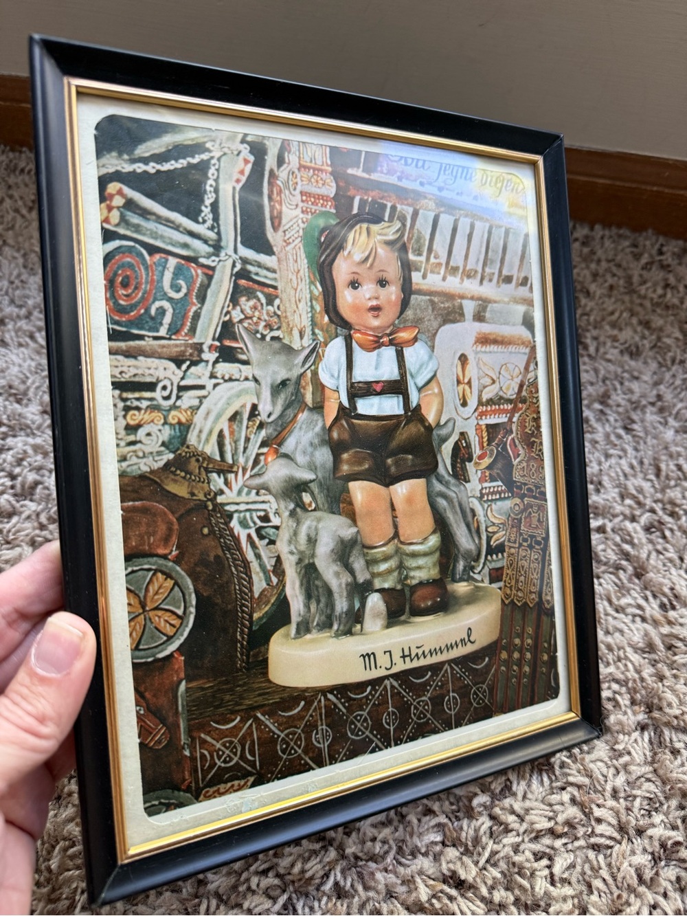 M.I. Hummel Framed Print Featuring Boy with Goats - Brown and Cream 8x10